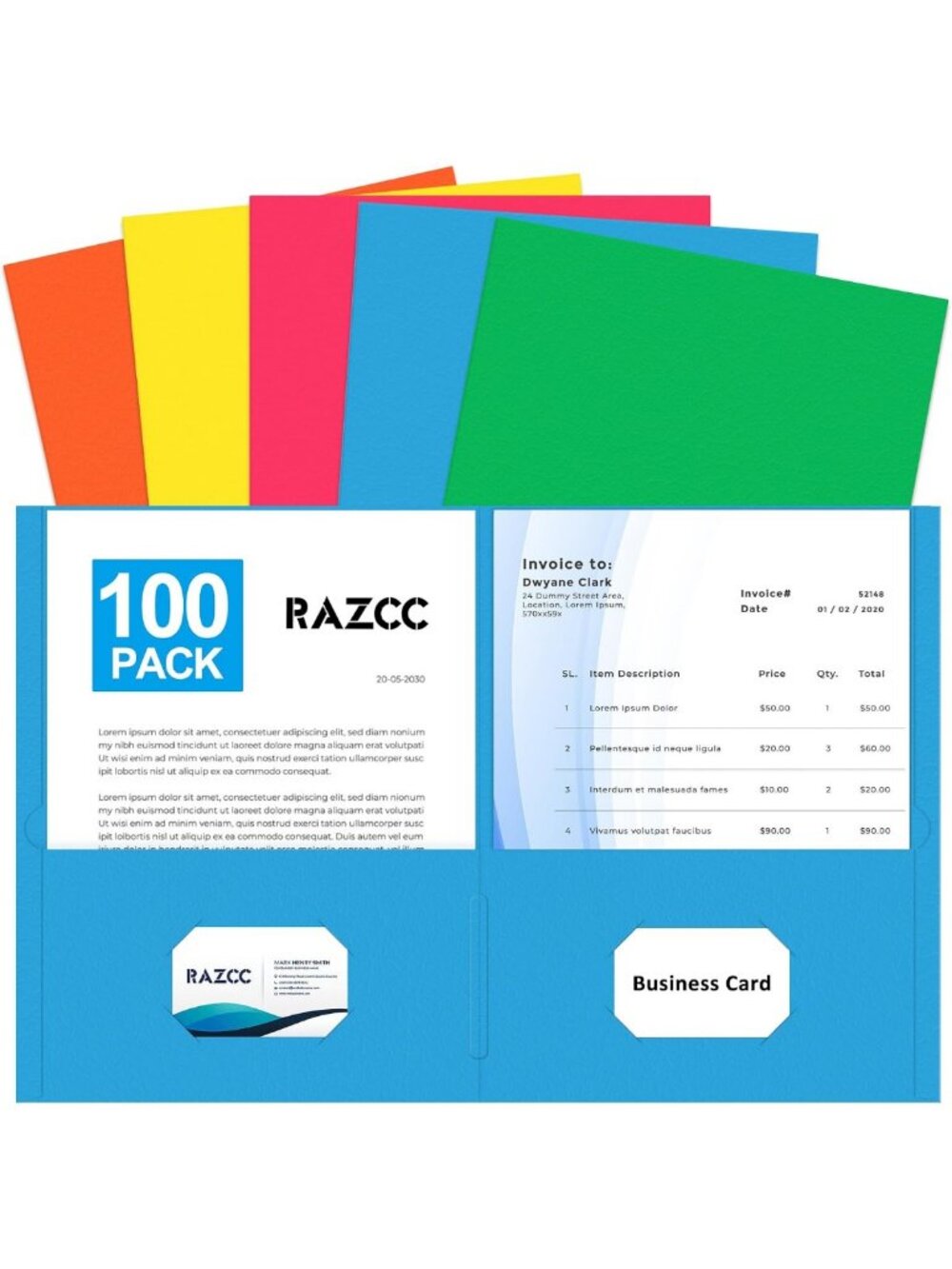100 Pack Assorted Color File Folders with Pockets for School, Office & Home